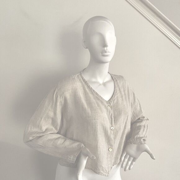 FLAX Top L Beige 100% Linen Lagenlook Long Sleeve Button Front - Picture 9 of 9